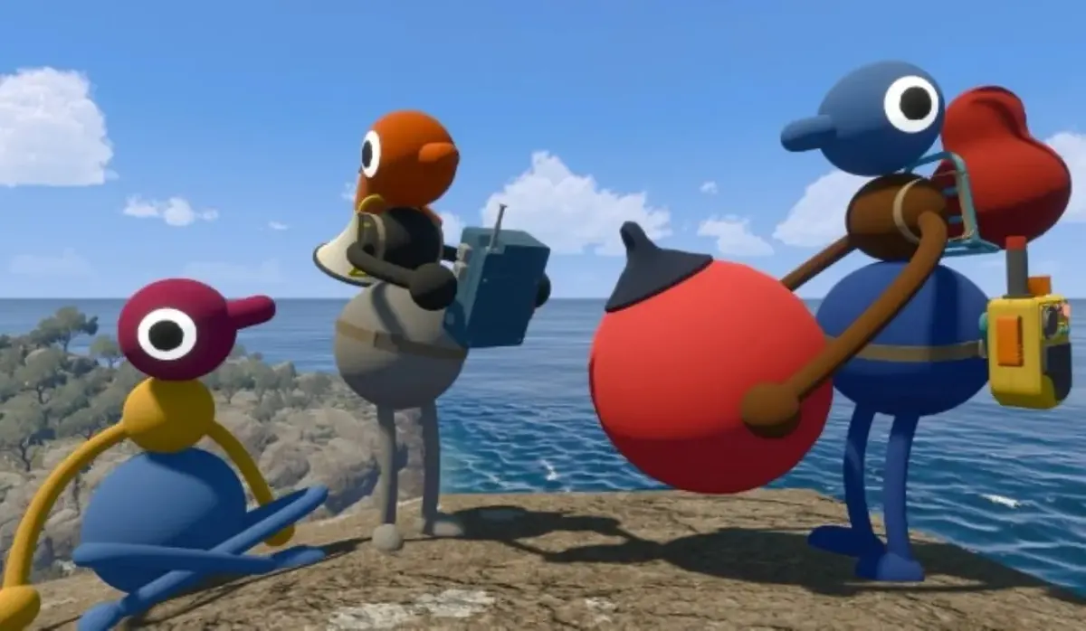 Characters gathered at the train station platform